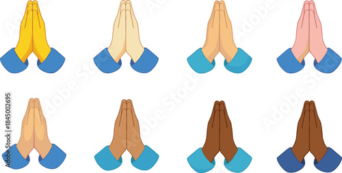 Praying hands emoji style illustration set with diverse skin tones spiritual gesture vector collection