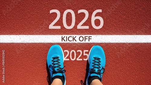 2026 Kick Off: Running Shoes at the Starting Line Transitioning from 2025, Symbolizing New Beginnings, Goals, Races, and a Fresh Start on the Red Track.
