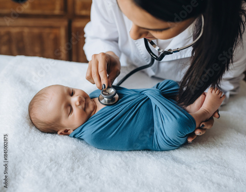 Caring Male Pediatrician Gently Examining a Healthy Baby During Medical Checkup in a Bright Modern Hospital Room, Showing Professional Healthcare, Child Care, and Trust Between Doctor and Infant