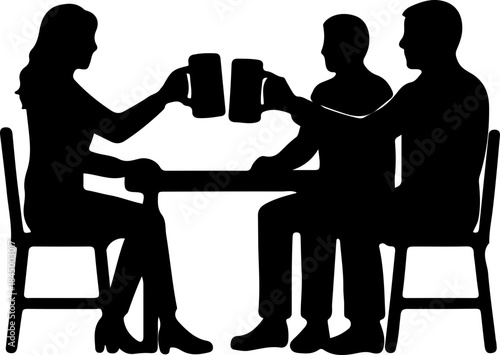 Silhouette of three people toasting beer mugs at a table