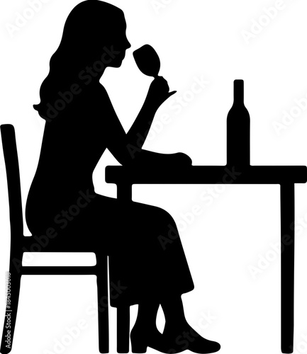 Silhouette of a woman sitting at a table and drinking wine alone