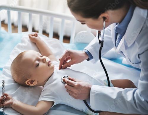 Caring Male Pediatrician Gently Examining a Healthy Baby During Medical Checkup in a Bright Modern Hospital Room, Showing Professional Healthcare, Child Care, and Trust Between Doctor and Infant