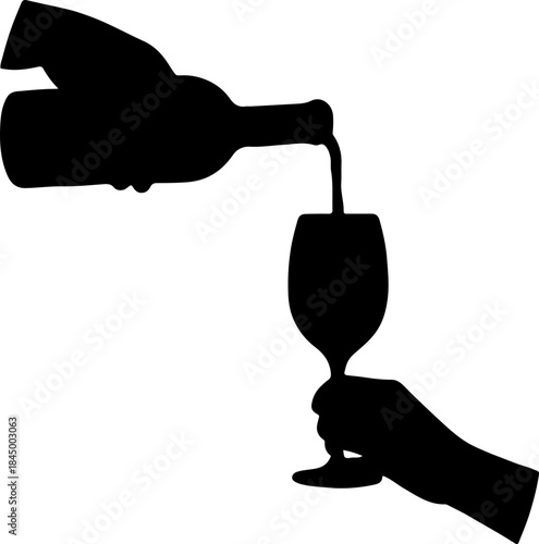 Silhouette of a wine bottle pouring into a glass held by hand