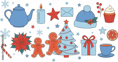 Cute winter holiday vector set with Christmas decorations, gingerbread cookies, teapot, gifts, festive symbols and cozy seasonal elements illustration