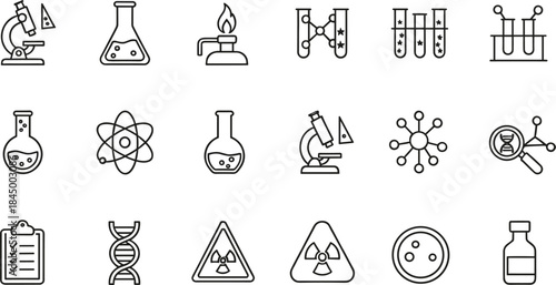 Science laboratory line icon set with microscope test tube atom DNA chemistry research symbols