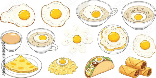 Egg breakfast food vector set with fried eggs, omelette, tacos, rolls and warm dishes for cafe menu and cooking illustrations