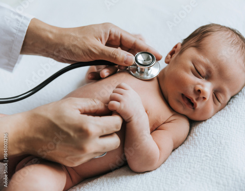 Caring Male Pediatrician Gently Examining a Healthy Baby During Medical Checkup in a Bright Modern Hospital Room, Showing Professional Healthcare, Child Care, and Trust Between Doctor and Infant