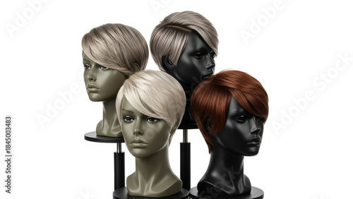 Four short pixie-style wigs in varying colors displayed on mannequin heads.