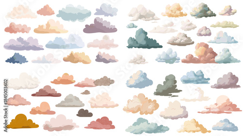 A soft watercolor cloud collection featuring dreamy shapes in pastel tones, ideal for backgrounds, nursery design, weather graphics, calming patterns, and creative artwork.
