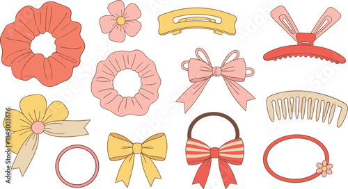 Cute hair accessories vector set with scrunchies, bows, clips, headbands and girly pastel elements for fashion and beauty illustrations
