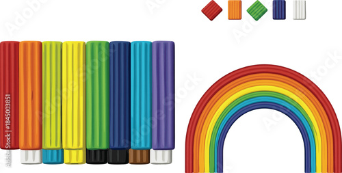 Colorful plasticine clay sticks and rainbow shape vector set for kids creativity, modeling, art supplies and educational illustrations