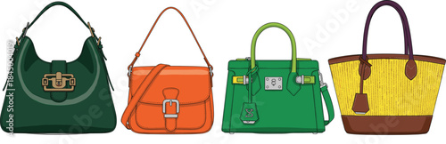 Stylish women handbag collection with modern leather tote shoulder and crossbody bags flat vector illustration