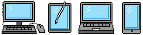 Set pixel smartphone, computer, tab, and laptop vector for retro tech designs. Symbolizes digital workspaces, cross-platform apps, and 8-bit gadgets.