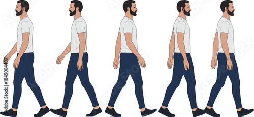 Walking man animation sequence showing side view male character step cycle poses for motion design flat vector illustration
