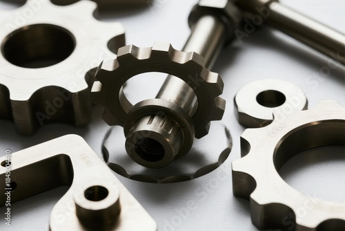 Close-up of metallic gears and mechanical components arranged on a flat surface