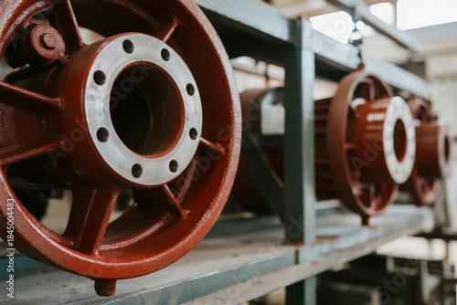 Row of industrial motor components on a metal shelf in a factory setting