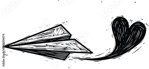 Linocut style paper airplane leaving heart shaped flight trail bold woodcut texture illustration vector