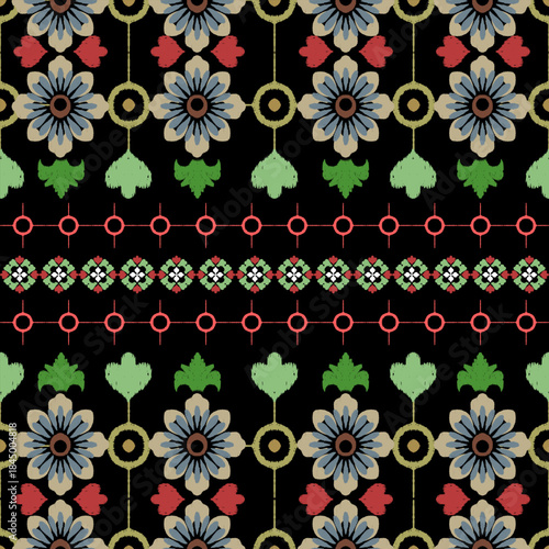 Ikat ethnic boho seamless pattern. Tribal pattern. Folk motif. Textile rapport. Ikat vintage flower background. Ikat handmade pattern. Ideas for wallpaper, textiles, tapestry, and tiles.