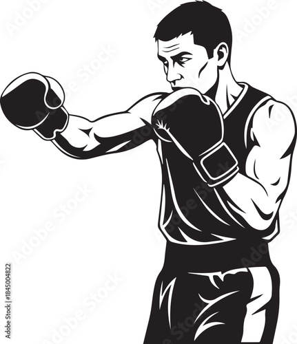 Black and white vector illustration of a male boxer throwing a straight punch, showing dynamic movement and strong athletic form. Full body boxing action pose, isolated on white background.