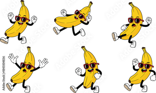 Funny banana character vector set with dancing poses, sunglasses and playful expressions for kids illustrations, mascots and cheerful designs