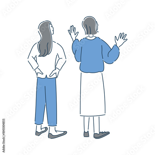 笑顔で上を見上げている2人の女性の全身のイラスト素材