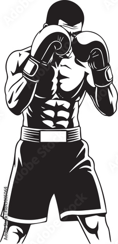Black and white vector illustration of a male boxer covering his face in a defensive position. Strategic full body boxing stance in minimalist monochrome style, isolated on white background.