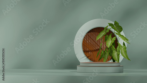 Fototapeta Naklejka Na Ścianę i Meble -  rendering 3d blank mockup wood texture curved cylinder in landscape circular backdrop