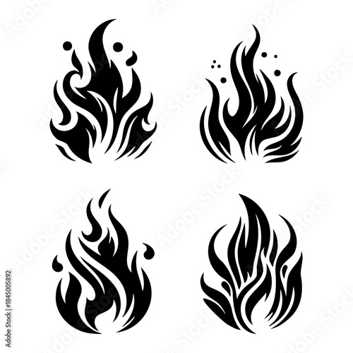 Four Stylized Tribal Fire Flame Symbol Vector Set Illustration