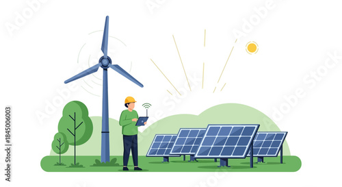 Engineer working on renewable energy sources like solar panels and wind turbine project