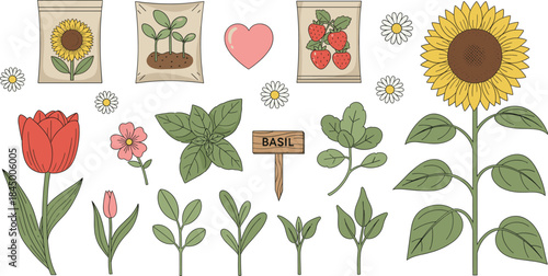 Cute gardening and plant growth vector set with flowers, seedlings, sunflower, strawberry and eco friendly nature elements illustration