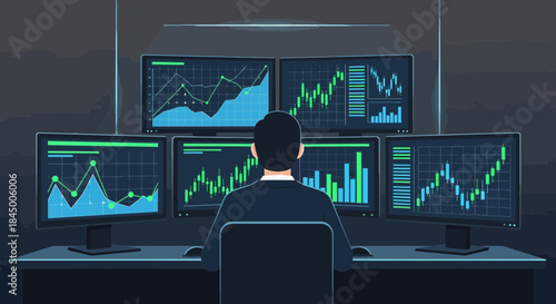 Financial analyst monitoring stock market data on multiple screens illustration