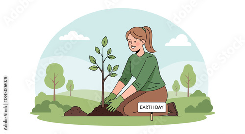 Illustration of a happy woman planting a tree for Earth Day environmental awareness concept
