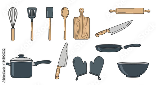 Illustration featuring an assortment of essential kitchen tools for cooking and baking
