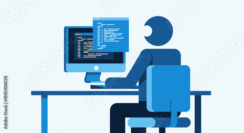 Illustration of a Software Developer Coding on a Computer with Two Monitors Showing Code Snippets