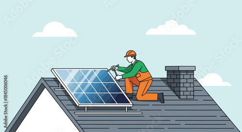 Illustration of a worker installing solar panels on a roof for renewable energy creation