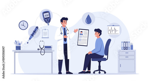 Illustration of doctor explaining medical report to patient at consultation room with medical