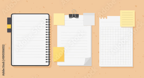 Illustration of organized stationery including a notepad, notes and sticky notes on a corkboard