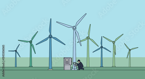 Illustration of wind turbines with engineer operating control panel in foreground representing