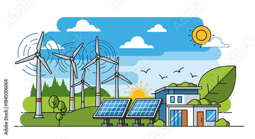 Illustration showcasing renewable energy sources and sustainable living concept beautifully designed