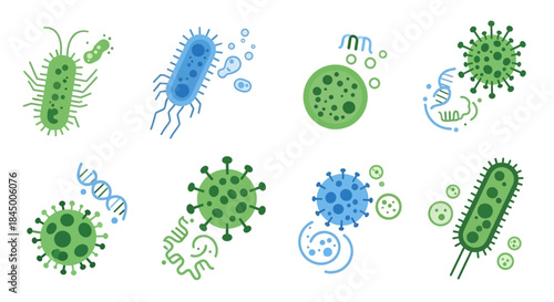 Microscopic world illustration showcasing viruses, bacteria, and cells in vibrant colors