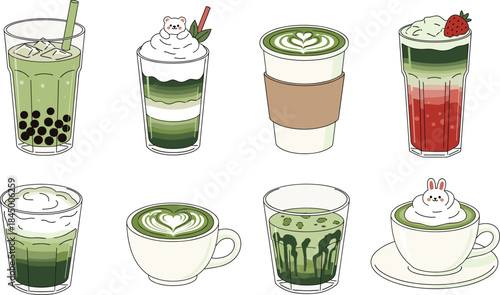 Matcha green tea drink vector set with latte, bubble tea, iced beverages and dessert style cups for cafe menu illustrations