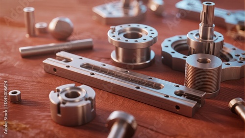Various precision metal mechanical components arranged on a wooden surface