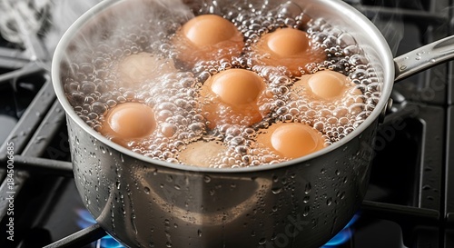 Several brown poultry ovoids cook submerged in vigorously boiling water within a metal container over a flame