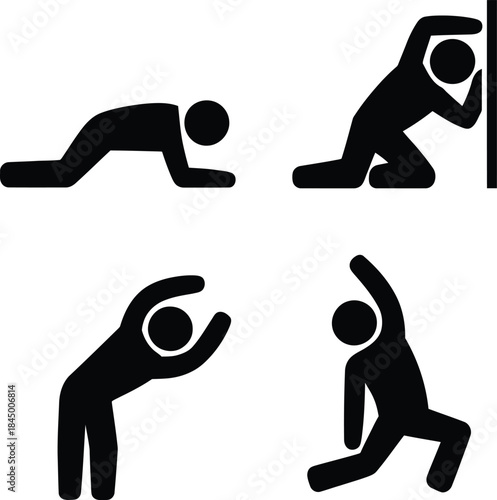 A collection of stretching exercise silhouette icons for fitness and physical therapy routines