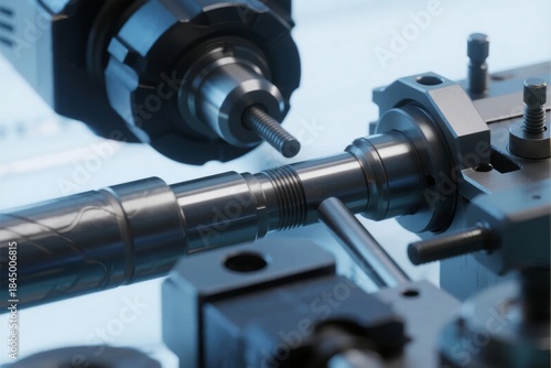 Close-up of a metal workpiece being machined on a precision lathe in an industrial setting