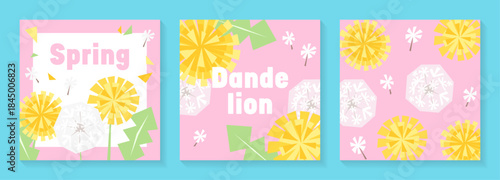ピンク背景の切り絵風タンポポのイラストバナーセット