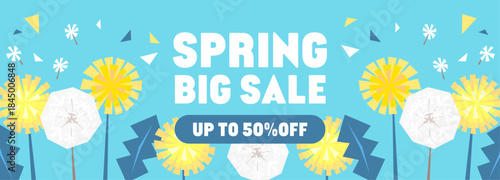 タンポポのイラストと水色の背景色の春のバーゲンのバナー素材