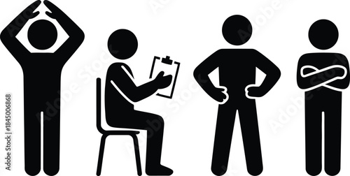 A group of people displaying different postures during an observation or training session