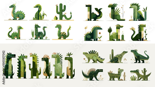 A creative set of cactus shaped dinosaurs in soft green tones, blending playful prehistoric forms with desert plant elements, perfect for kids decor, patterns, and whimsical design projects.
