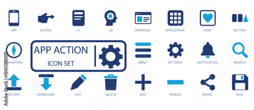 App Action and Interface Icon Set. Modern vector icons for mobile navigation, application actions, menu, search, notification, settings, upload, and save functions